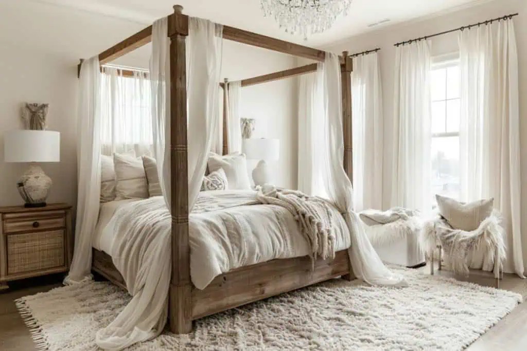 #3) Statement Farmhouse Canopy Bed With Curtains