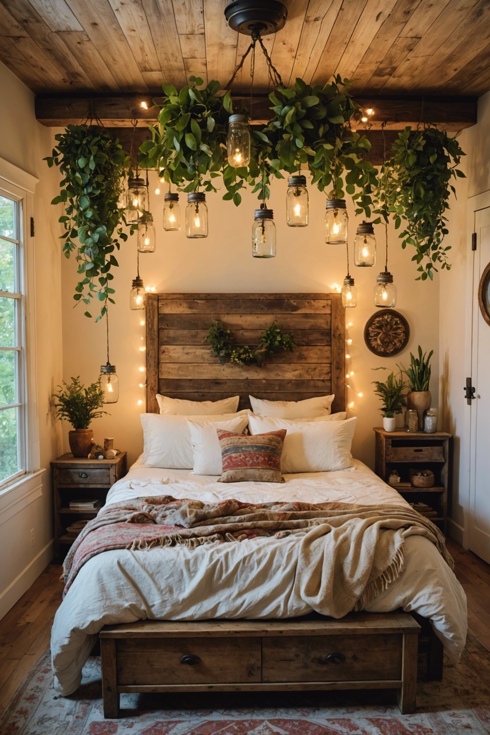 Rustic Charm: Hanging Mason Jar Lights above a Vintage Bed