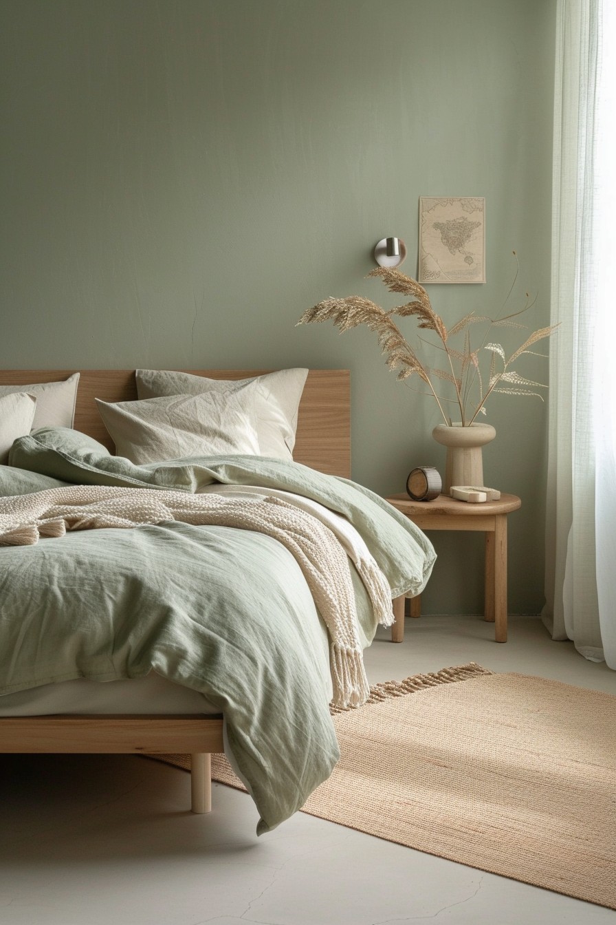 Serene and Simple Grown Woman Bedroom: Soft Beige and Green Calm