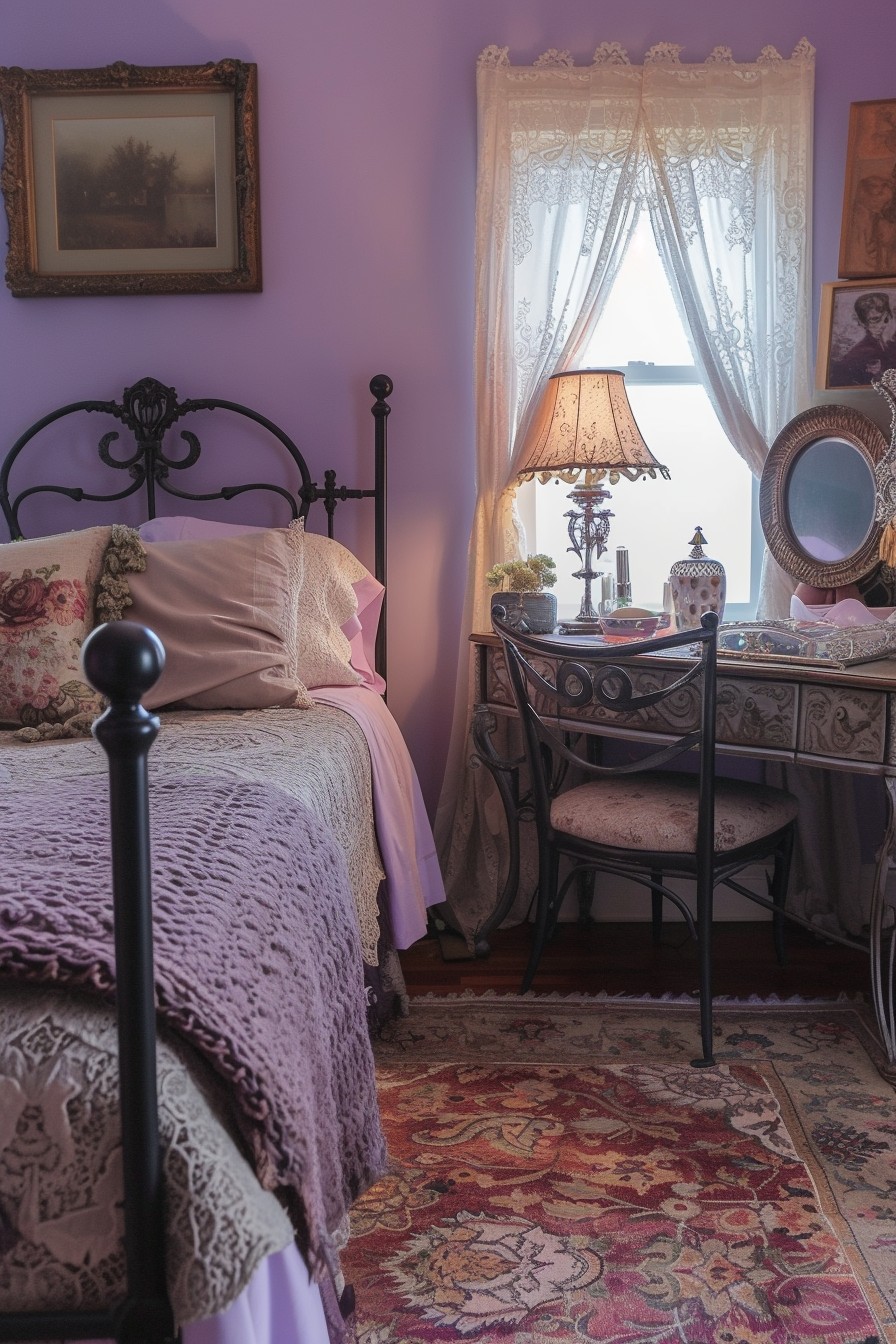 Vintage Chic Grown Woman Bedroom: Muted Lavender Nostalgia