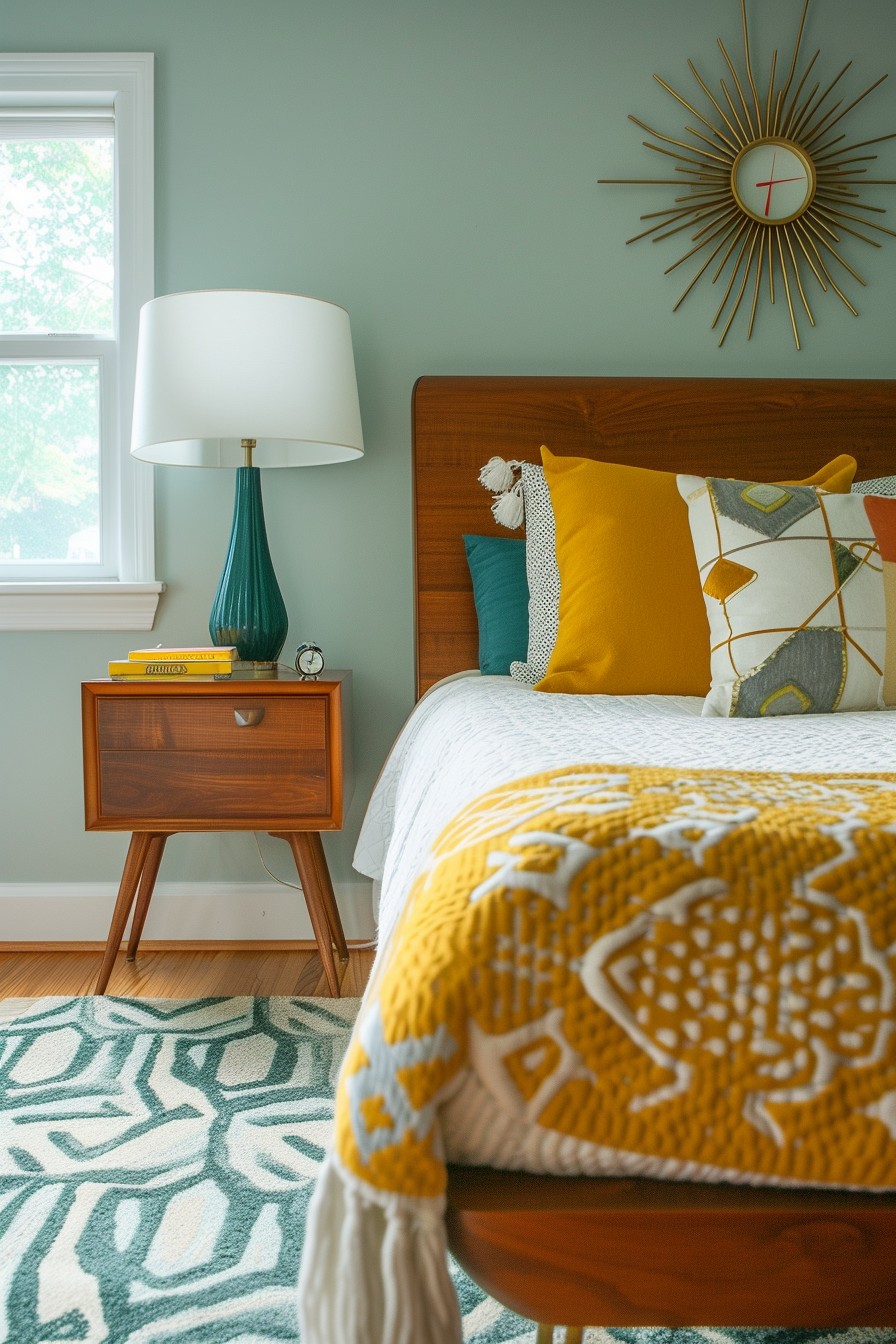 Mid-Century Modern Grown Woman Bedroom: Teal and Mustard Retro Style