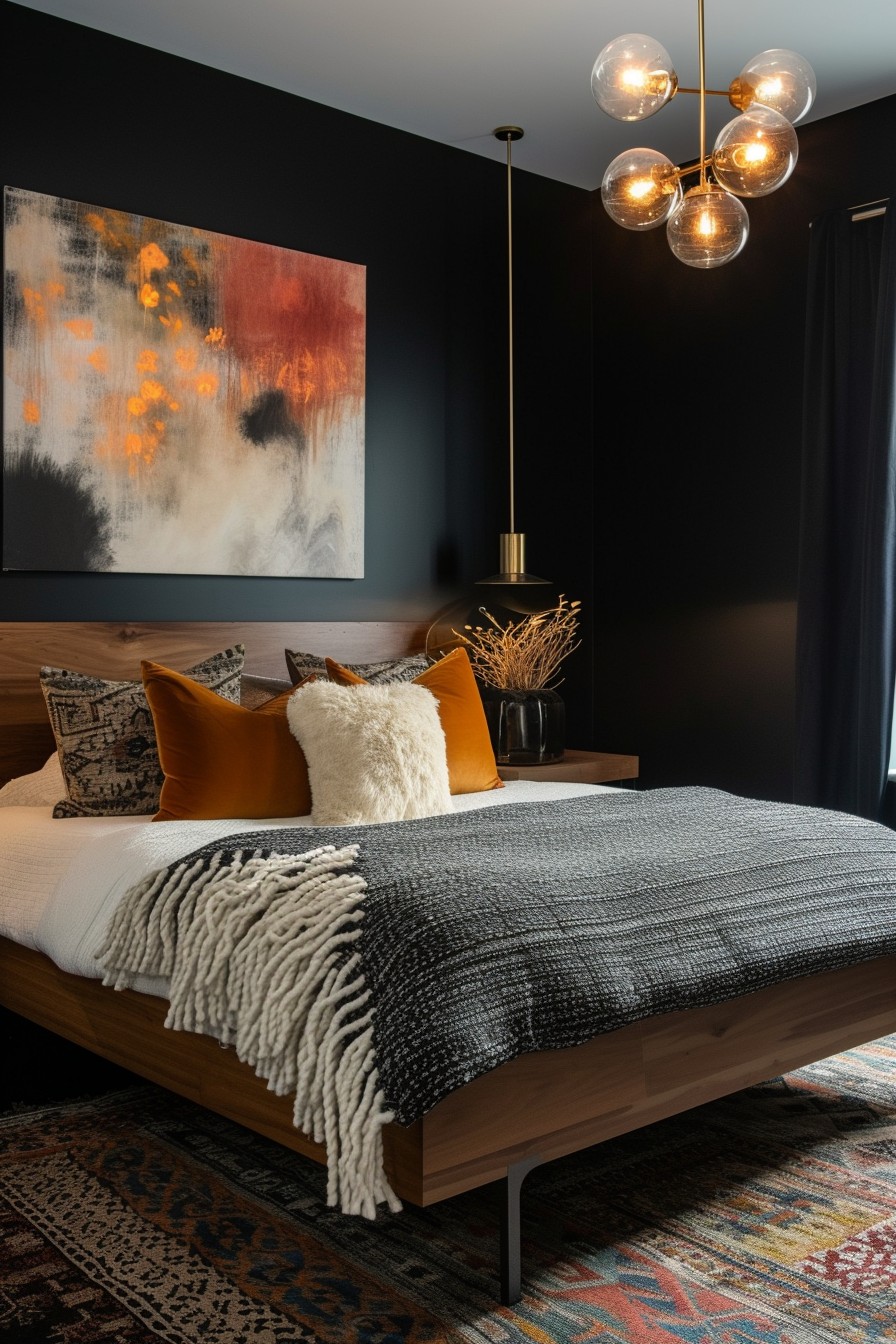 Avant-Garde Grown Woman Bedroom: Black Walls and Statement Art