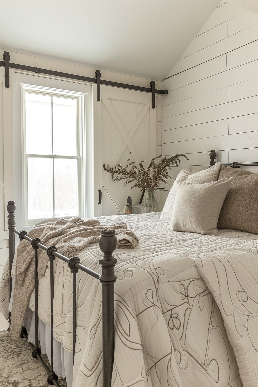 Farmhouse Chic Grown Woman Bedroom: Soft Grey and White Rustic Elegance