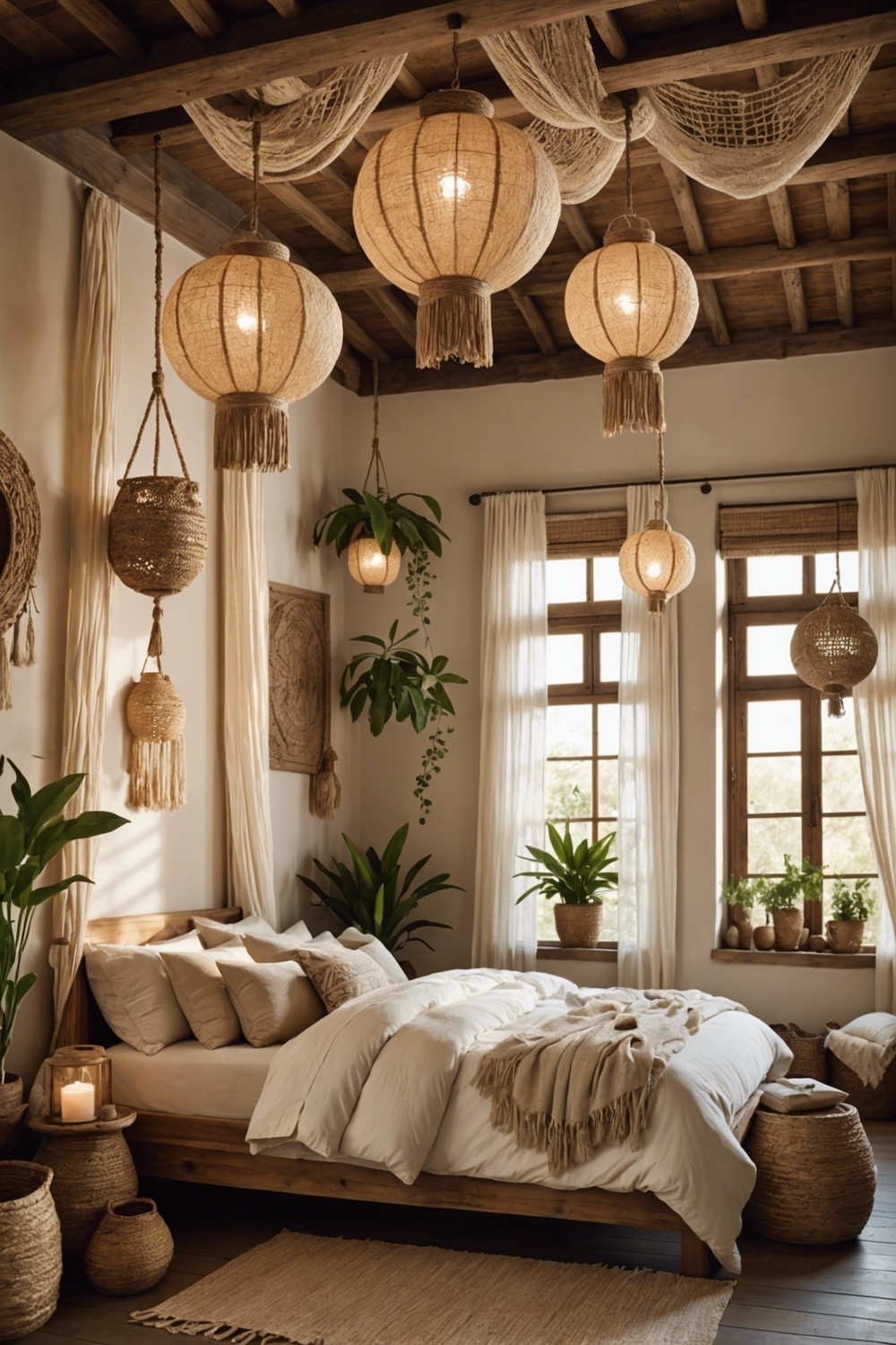 Free-Spirited Retreat: Hanging Fabric Lanterns in Whites and Beiges