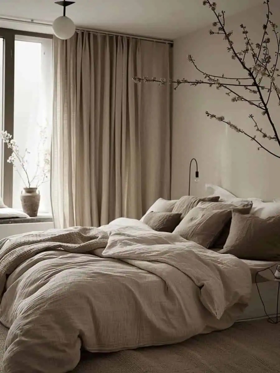 What are some key features of earthy modern bedrooms?