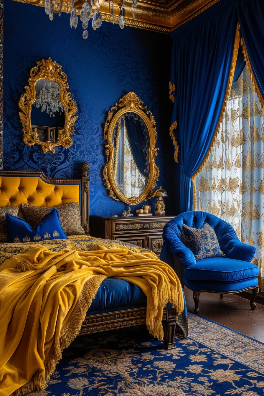 Opulent Grown Woman Bedroom: Royal Blue and Gold Luxury