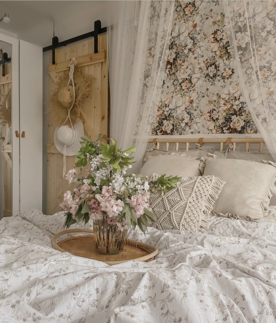 Floral Wall Paper And Barn Door For The Wall Behind The Bed