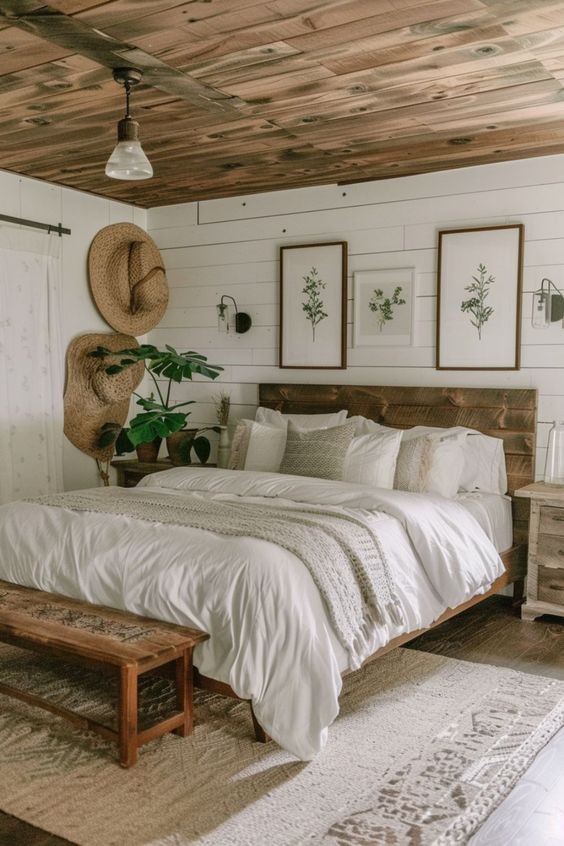 #14) Wood Plank Ceiling With Matching Farmhouse Headboard