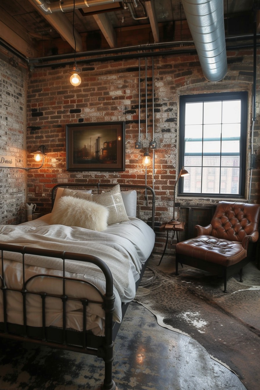 Industrial Chic Grown Woman Bedroom: Exposed Brick and Metal Elegance