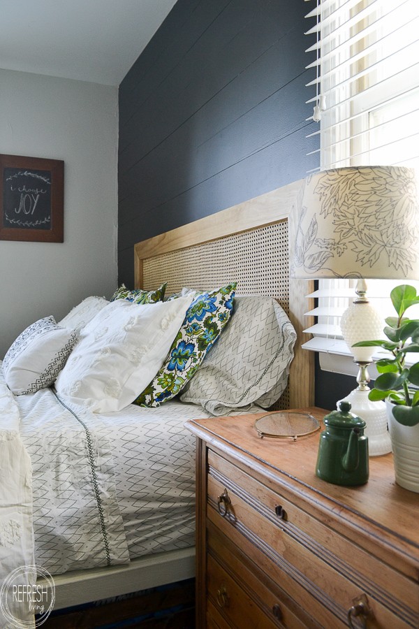 Cane Headboard with Black Shiplap Wall