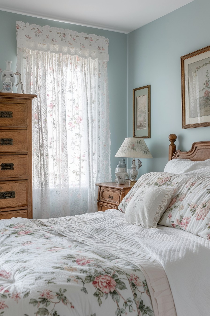 Cozy Cottage-Style Grown Woman Bedroom: Soft Pastel Blue Charm