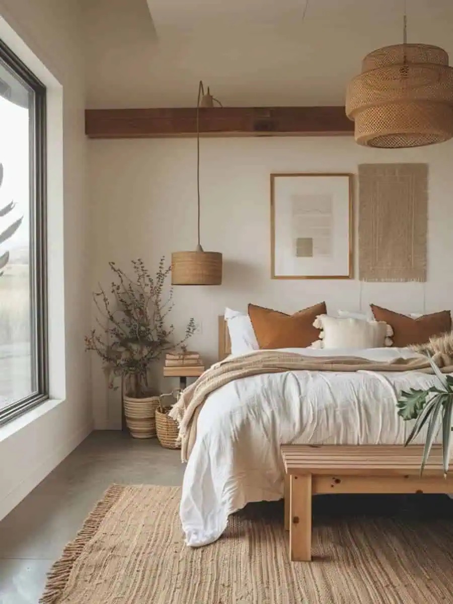 What are some key features of earthy modern bedrooms?