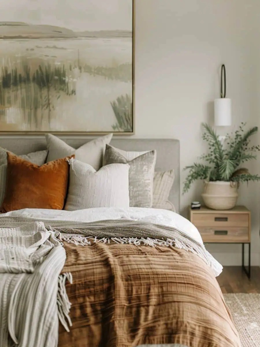 What defines an earthy modern bedroom?