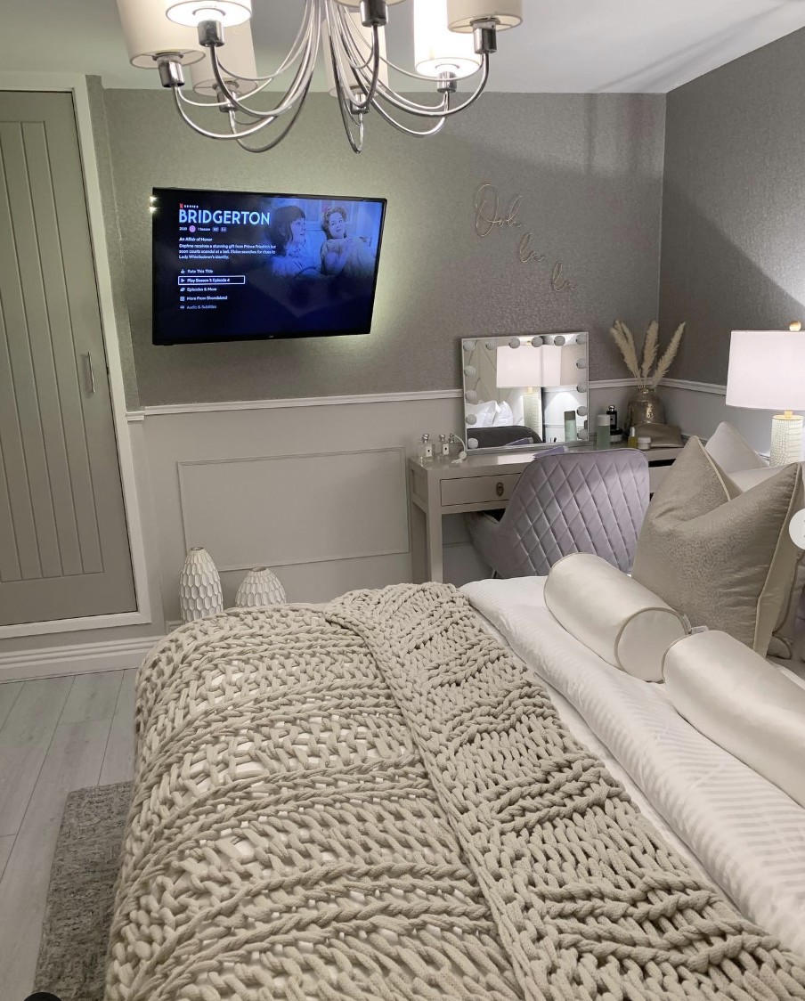 Grey Walls With White Wainscoting In Bedroom