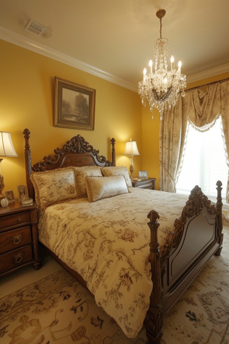 French Country Style Grown Woman Bedroom: Soft Yellow Toile Elegance