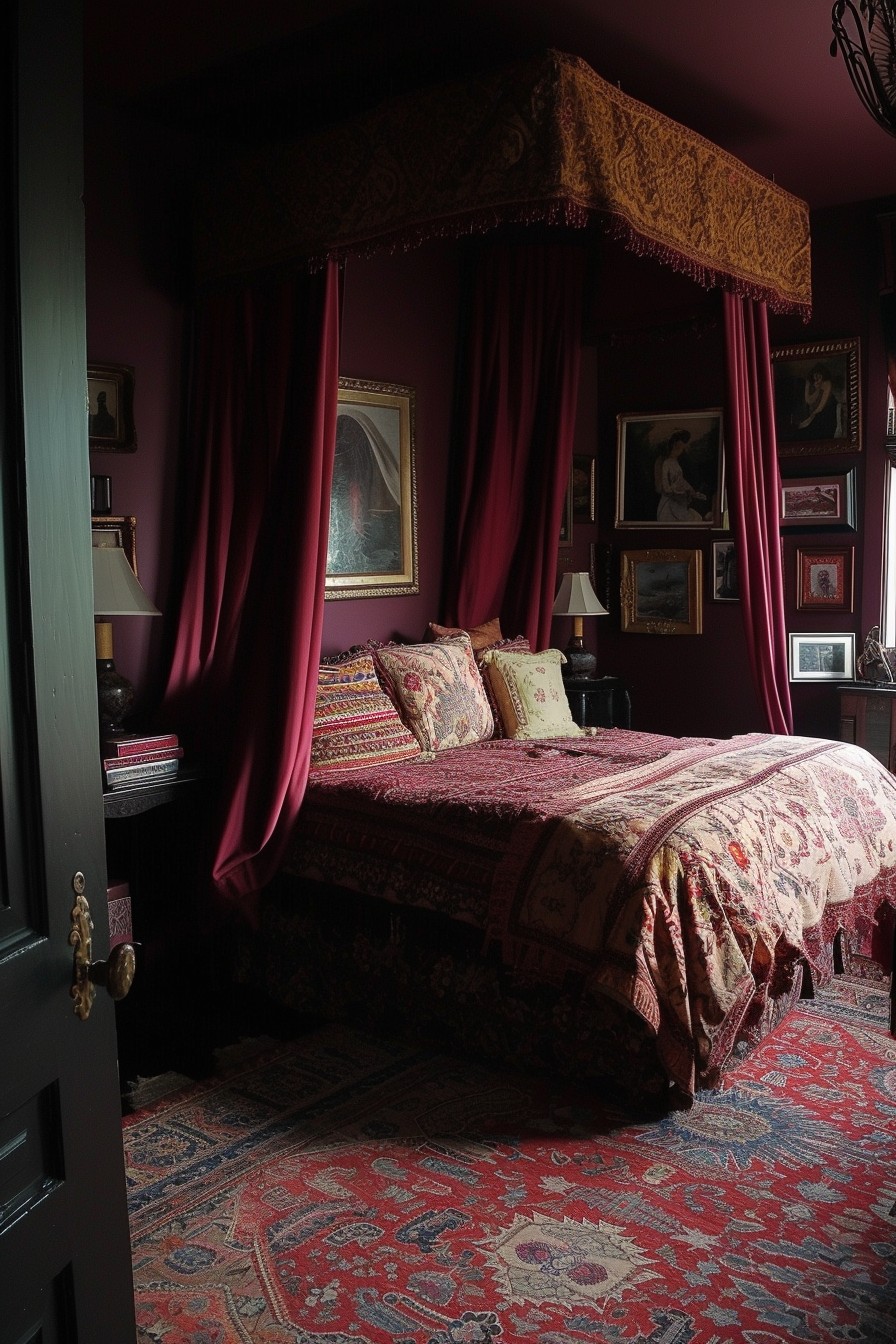 Exotic Travel-Inspired Grown Woman Bedroom: Deep Burgundy and Worldly Charm