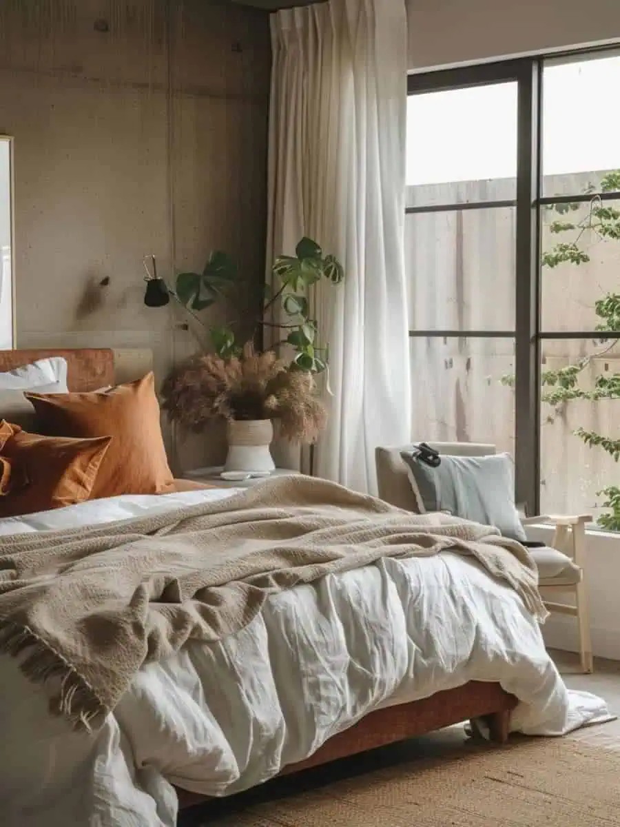 What are some key features of earthy modern bedrooms?