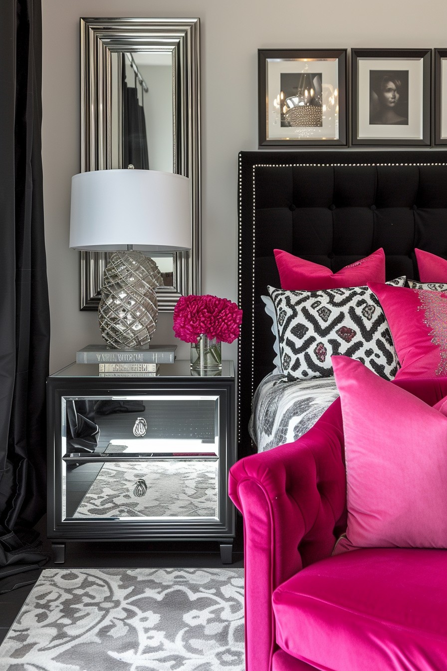 Glamorous Grown Woman Bedroom: Hot Pink and Black Hollywood Regency