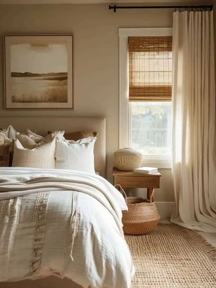 What defines an earthy modern bedroom?