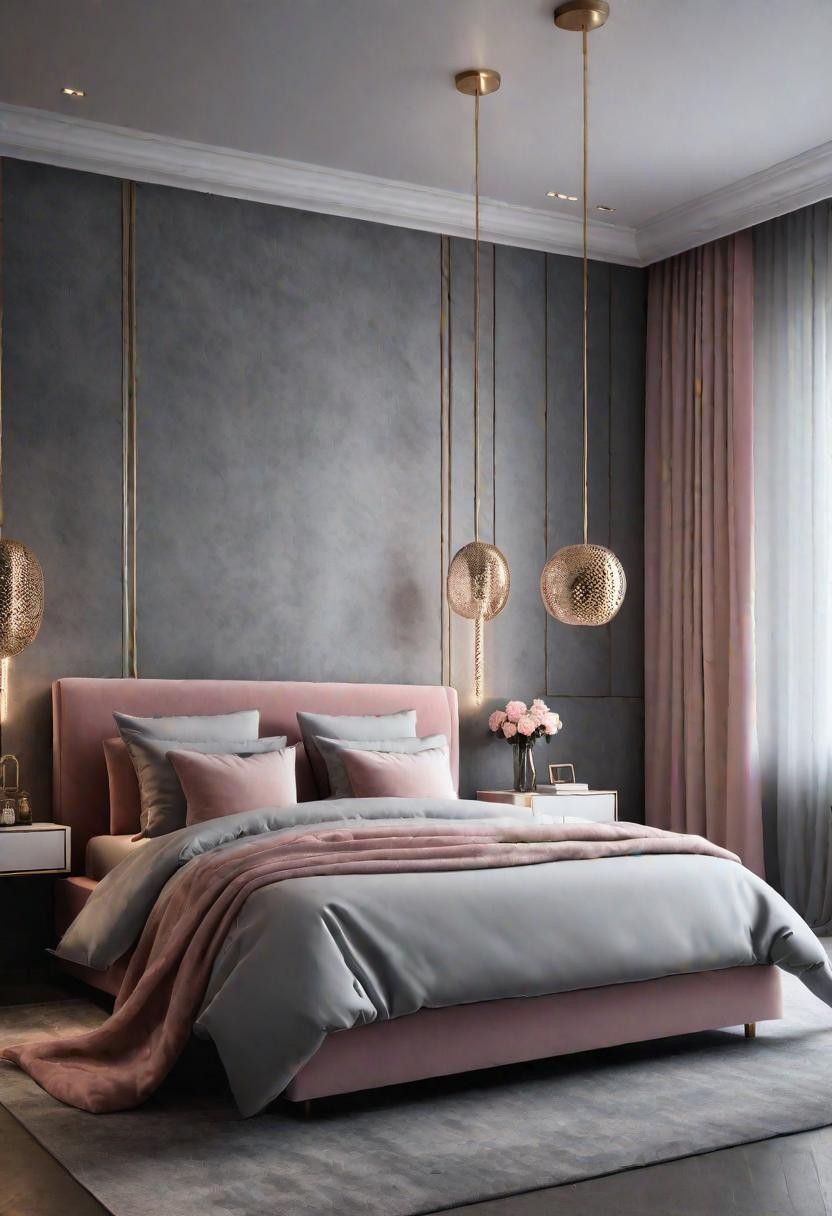 Metallic Pink Feminine Grey Bedroom