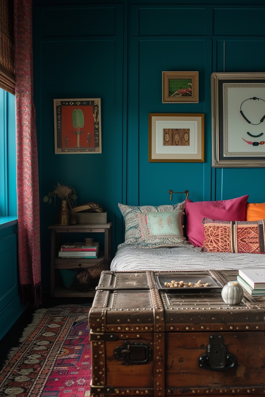 Eclectic Grown Woman Bedroom: Bold Teal Walls and Vintage Charm