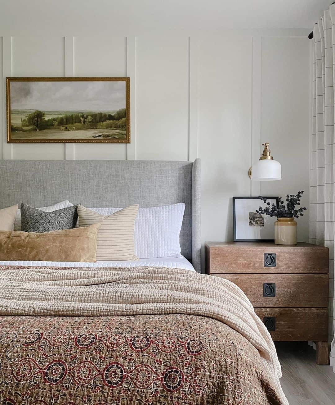 Rustic Nightstand with Gray Wingback Headboard