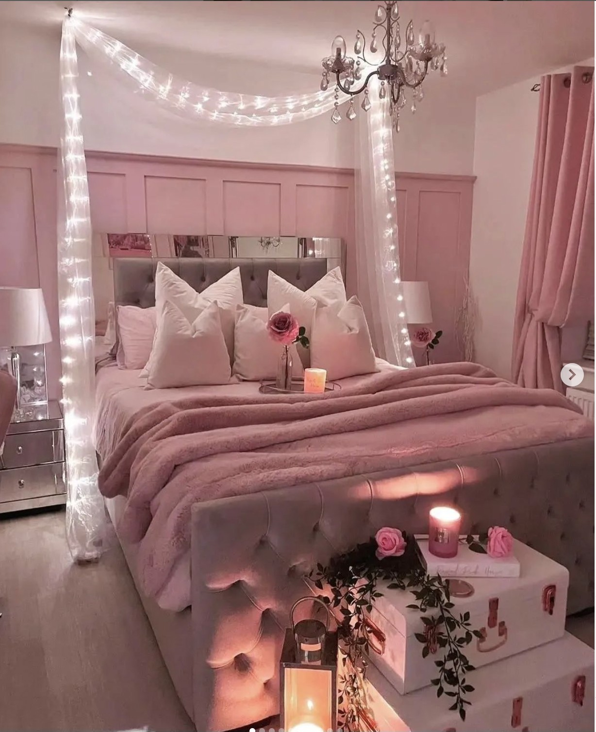 Pink Bedroom With LED Curtain & Chandelier