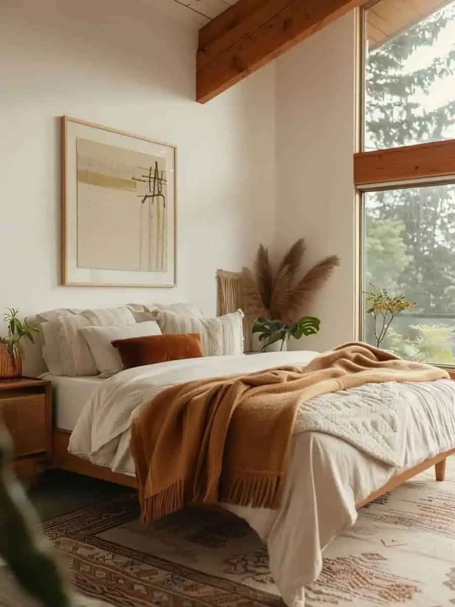 What defines an earthy modern bedroom?