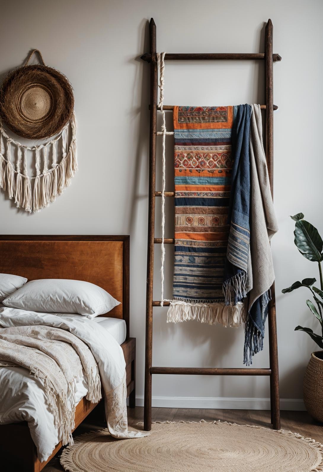 Creative Hanging Textile Decor with Vintage Ladder