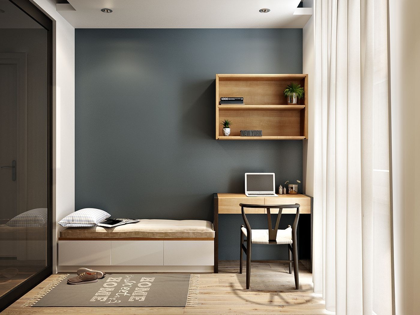 A small functional bedroom with an ideal color scheme and working section