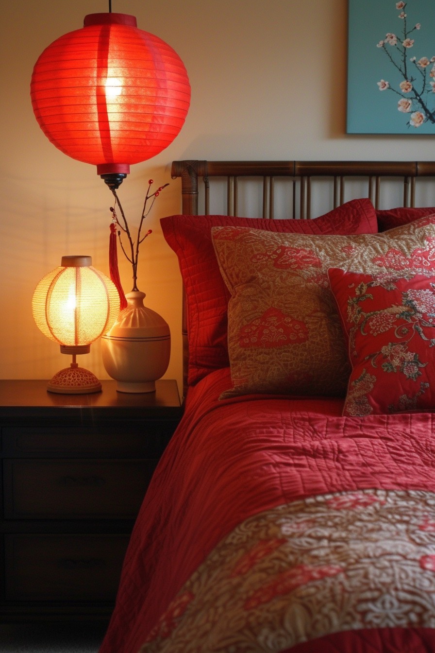 Asian Fusion Grown Woman Bedroom: Red and Gold Silk Elegance