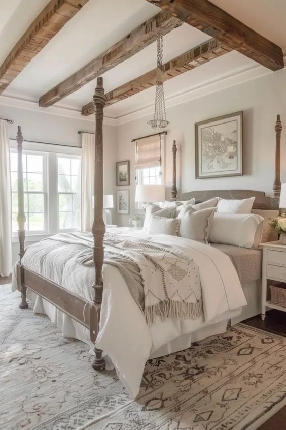 #9) Stunning Post Framed Bed With Boho Farmhouse Style