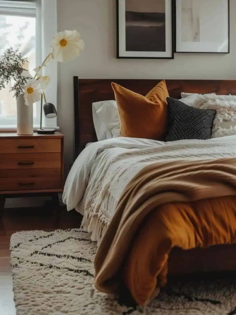 What are some key features of earthy modern bedrooms?