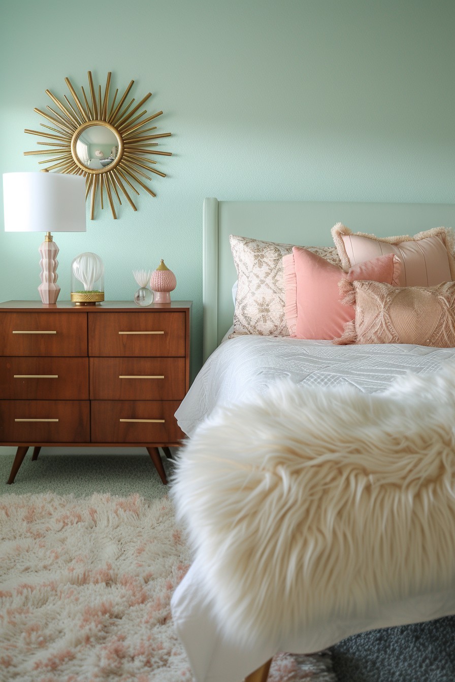 Retro-Modern Grown Woman Bedroom: Pastel Mint and 60s Flair