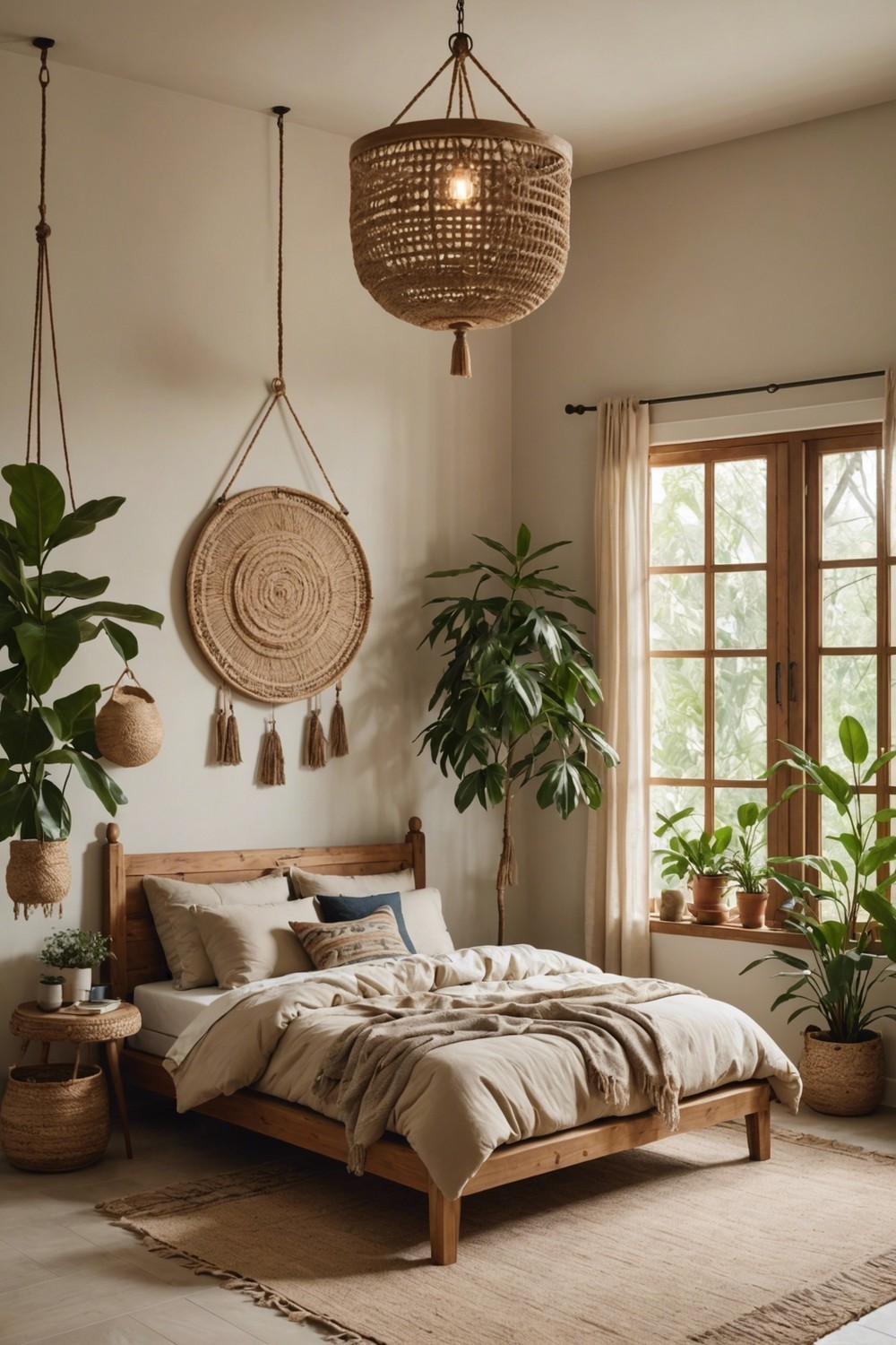 Woven Wonders: Hanging Basket Lights above a Natural Wood Bed