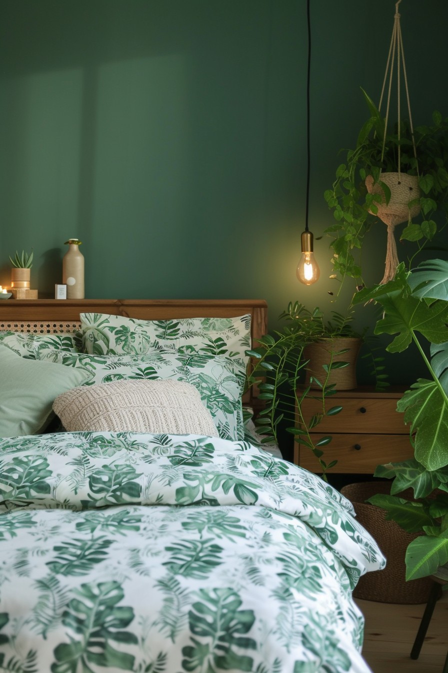 Nature-Inspired Grown Woman Bedroom: Forest Green and Natural Wood Serenity