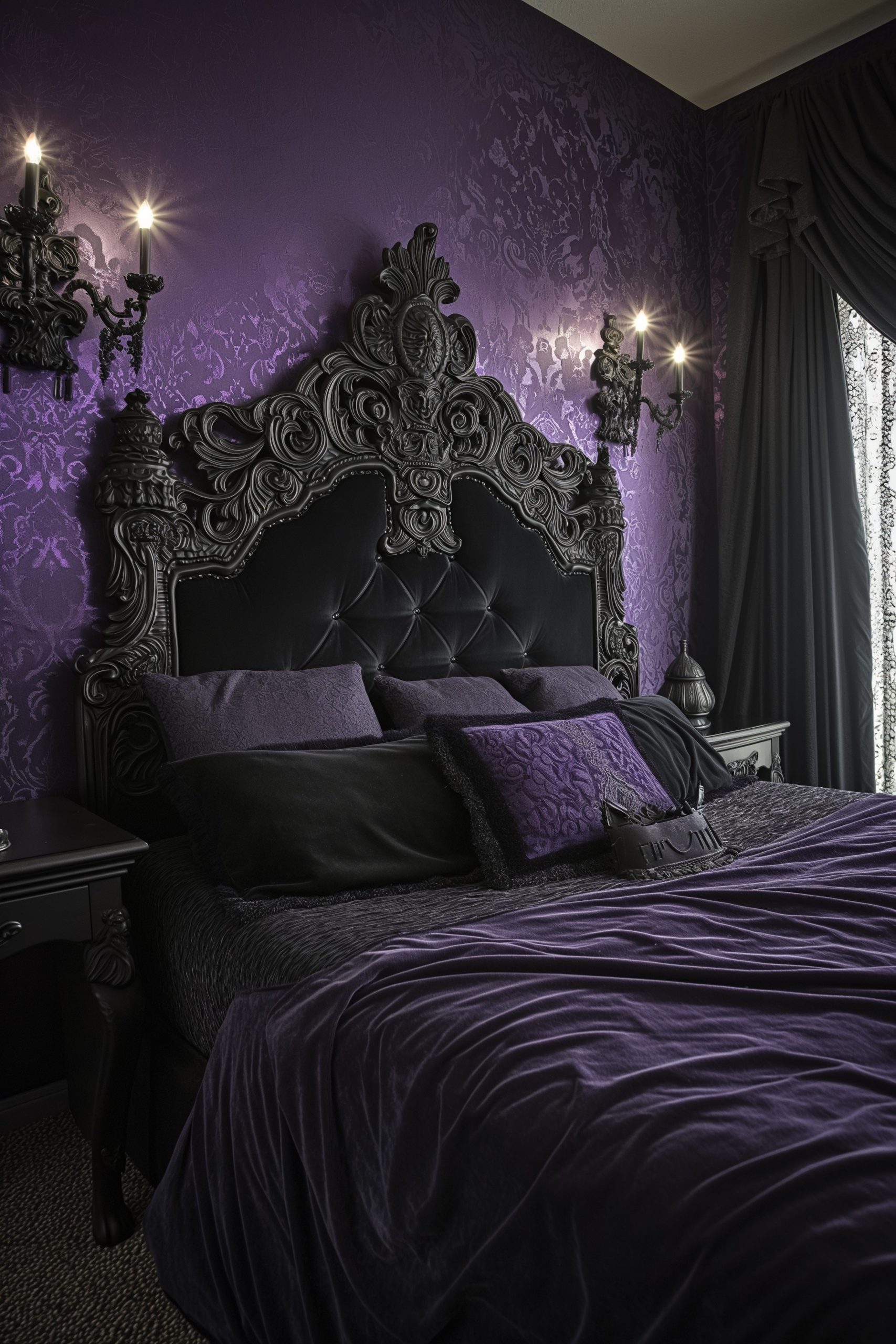 Gothic Romance Grown Woman Bedroom: Deep Purple and Black Velvet Allure