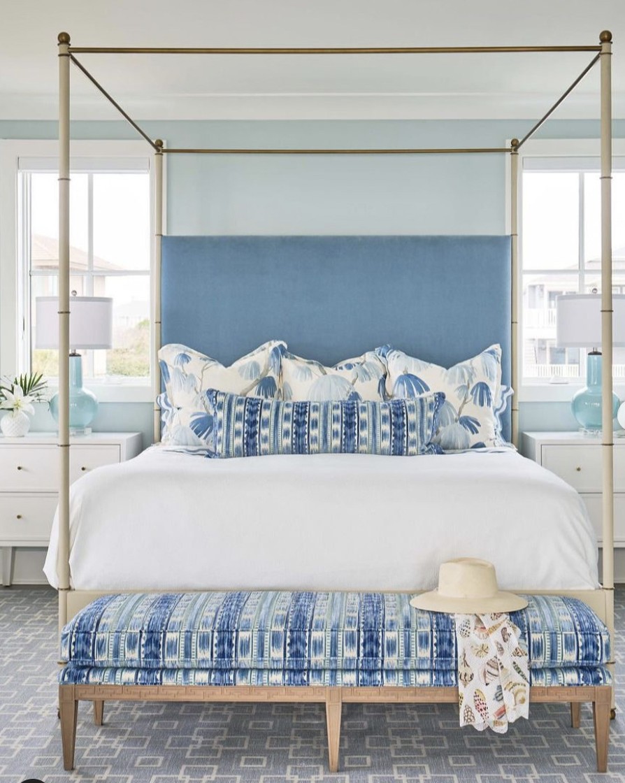 Blue Accent wall Bedroom With Grey Pattern Carpet