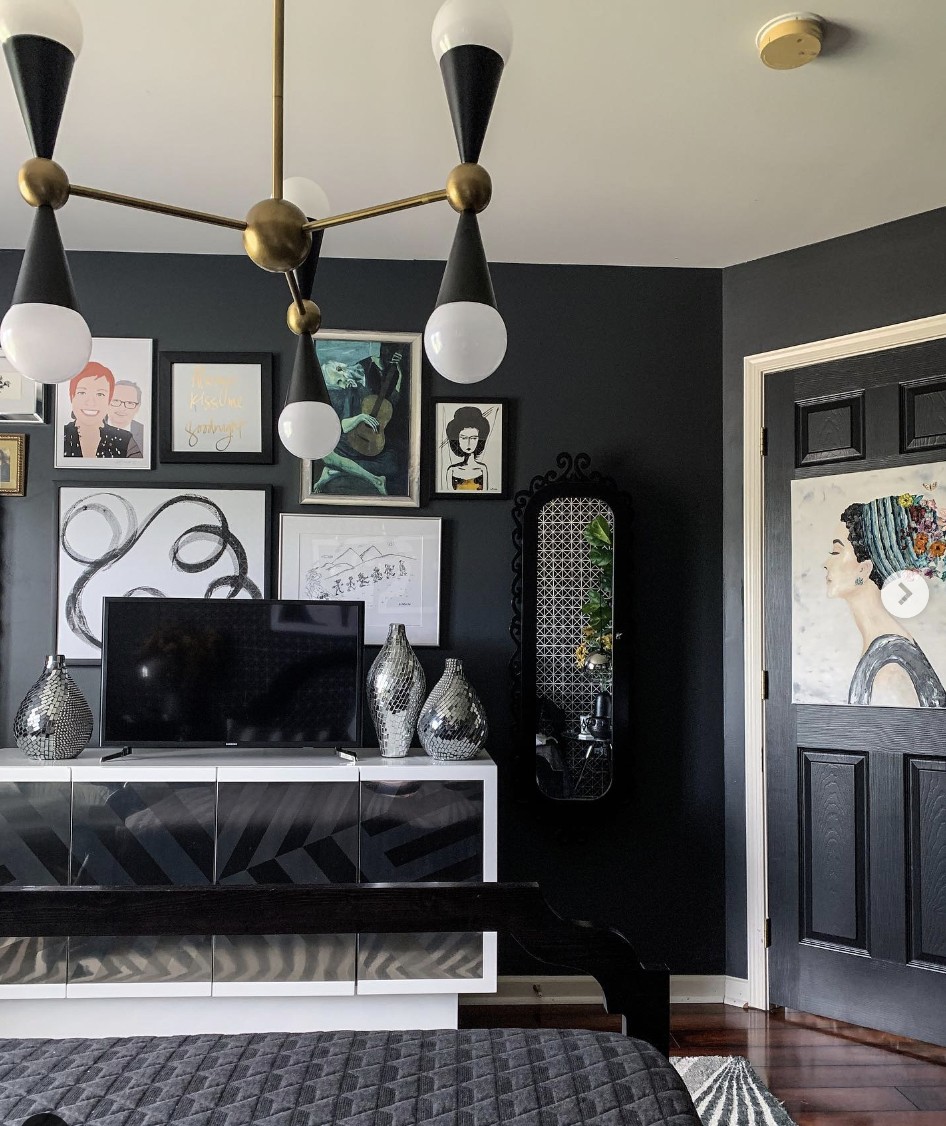 Black Accent Wall Bedroom With Industrial Style Light Fixtures