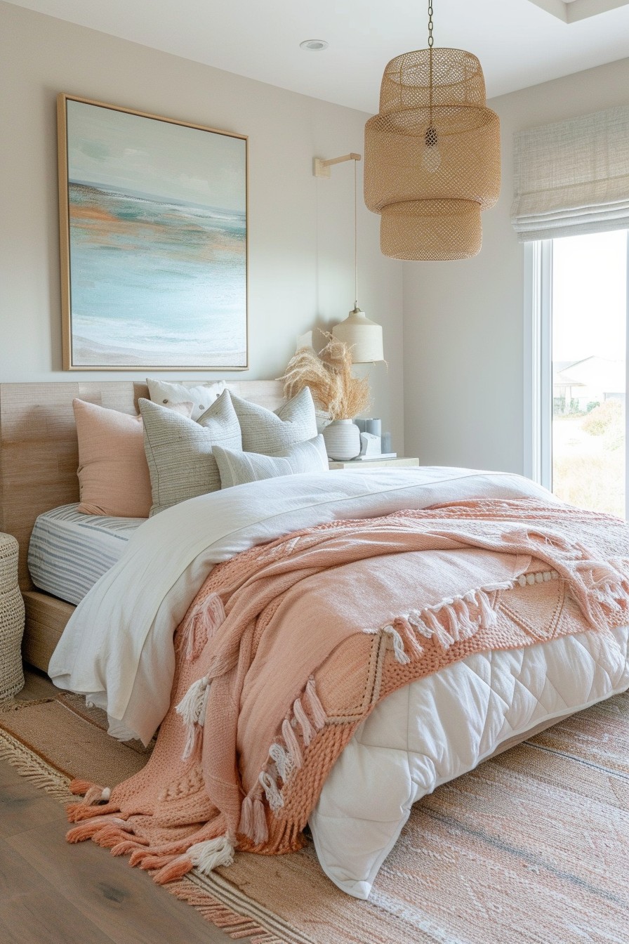 Soft Pastel Coral Grown Woman Bedroom: Beach-Inspired Relaxation