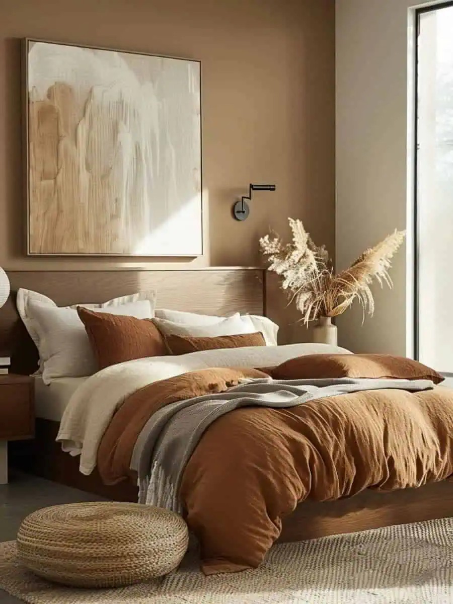 What defines an earthy modern bedroom?