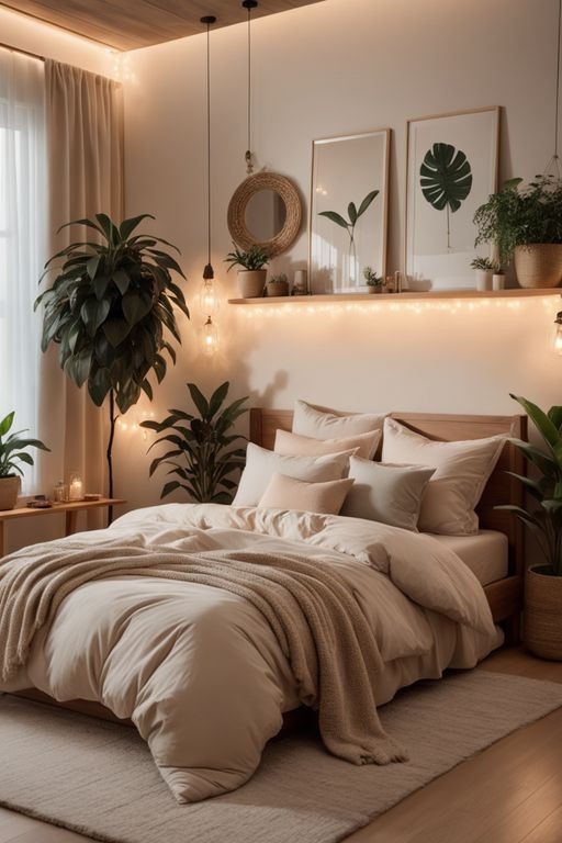 Soft Lighting With Greenery For Cozy Bedroom Decor Ideas