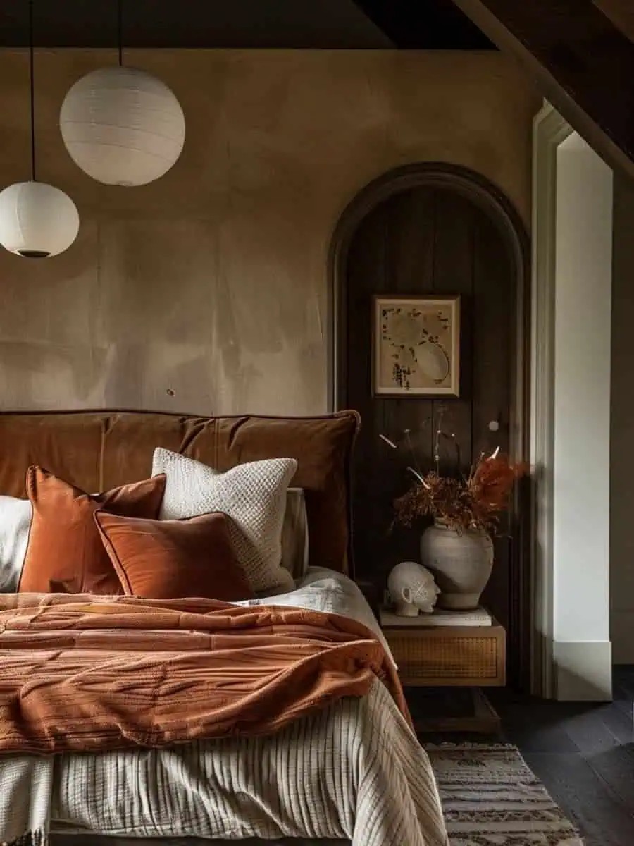 What are some key features of earthy modern bedrooms?