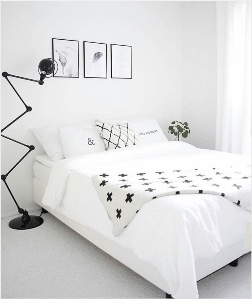 White Bedroom With Gallery Wall For Bed With No Headboard