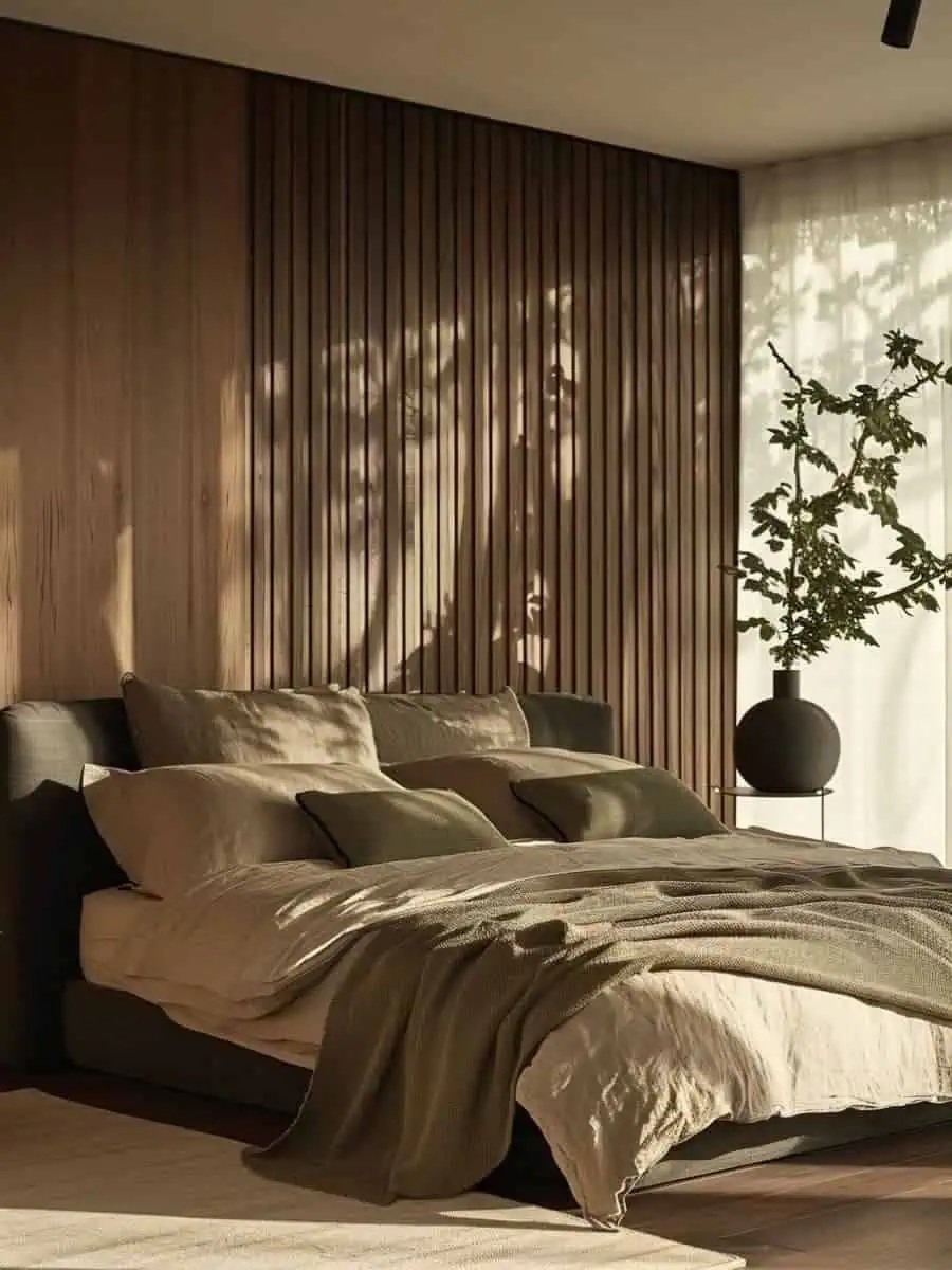 What are some key features of earthy modern bedrooms?