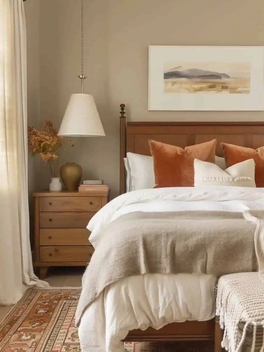 What defines an earthy modern bedroom?