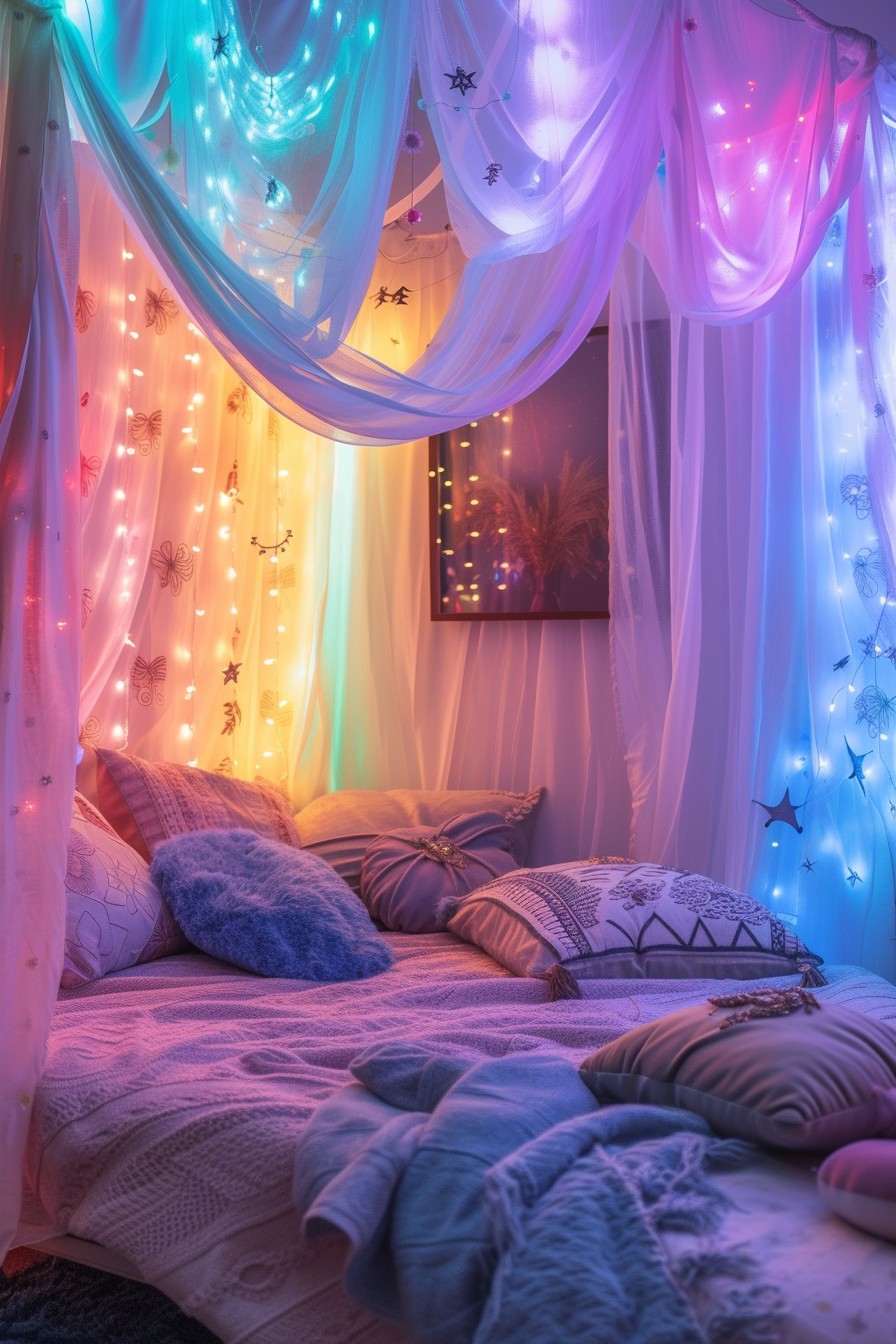 Whimsical Grown Woman Bedroom: Pastel Rainbow and Fairy Lights Magic