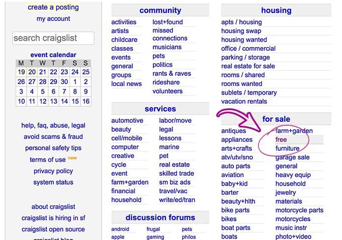 Craigslist and Facebook Marketplace – the free sections!