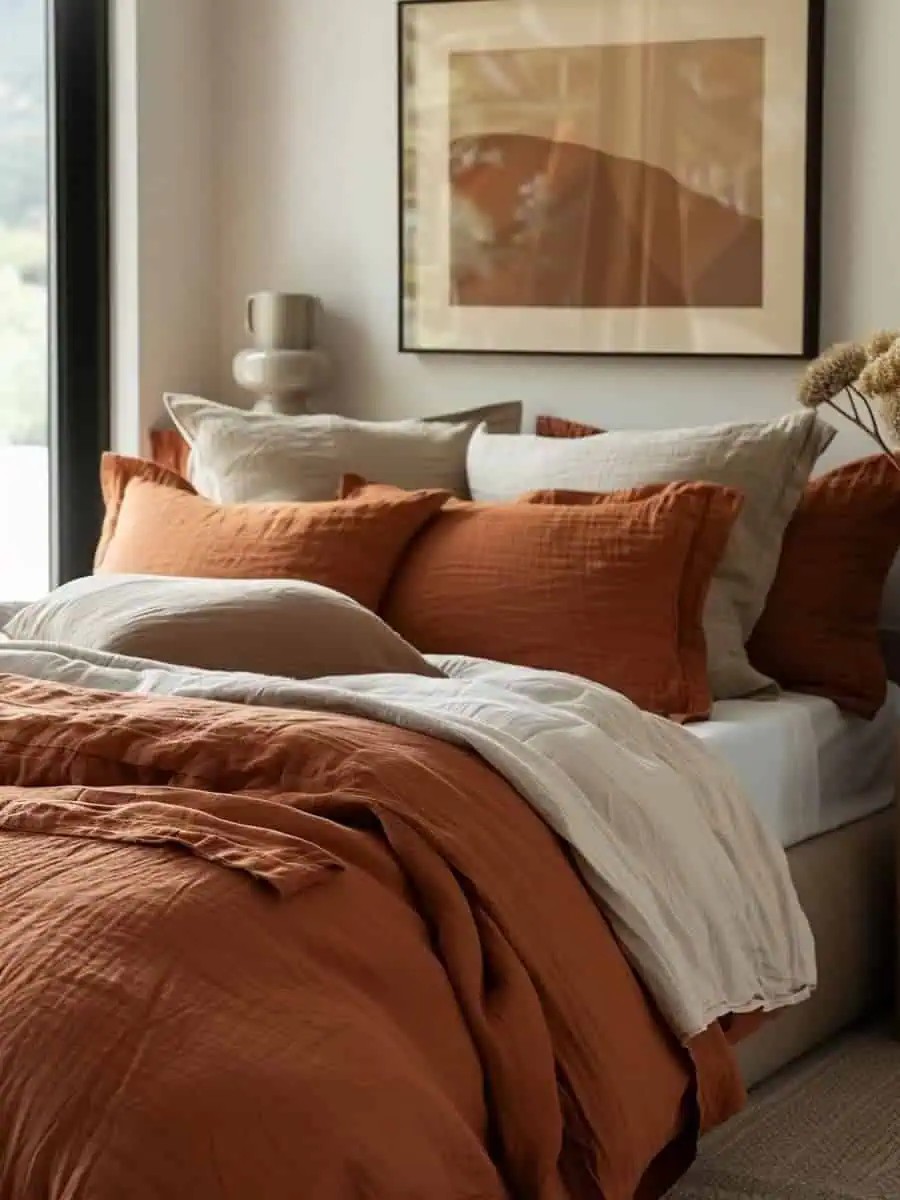 What defines an earthy modern bedroom?