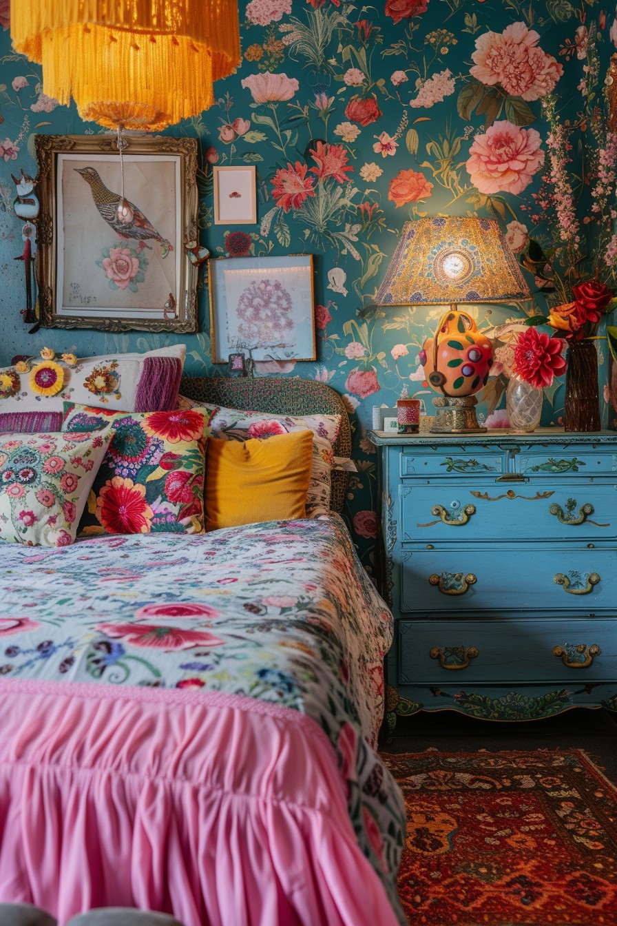 Colorful Eclectic Grown Woman Bedroom: Vibrant Wallpaper and Quirky Charm